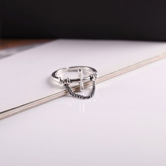 *NEW 925 Sterling Silver Vintage Cross Chain Ring - Picture 4 of 5